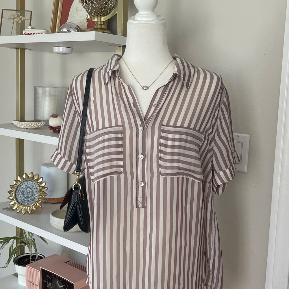 Striped Mauve Pink Sheer Blouse Size XL